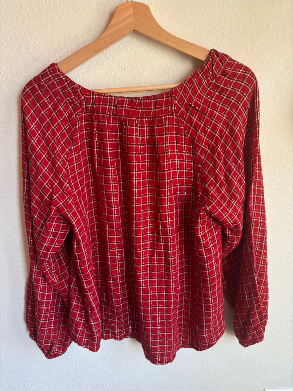 LOFT Flowy Red Plaid Blouse Workwear Large - Picture 6 of 8